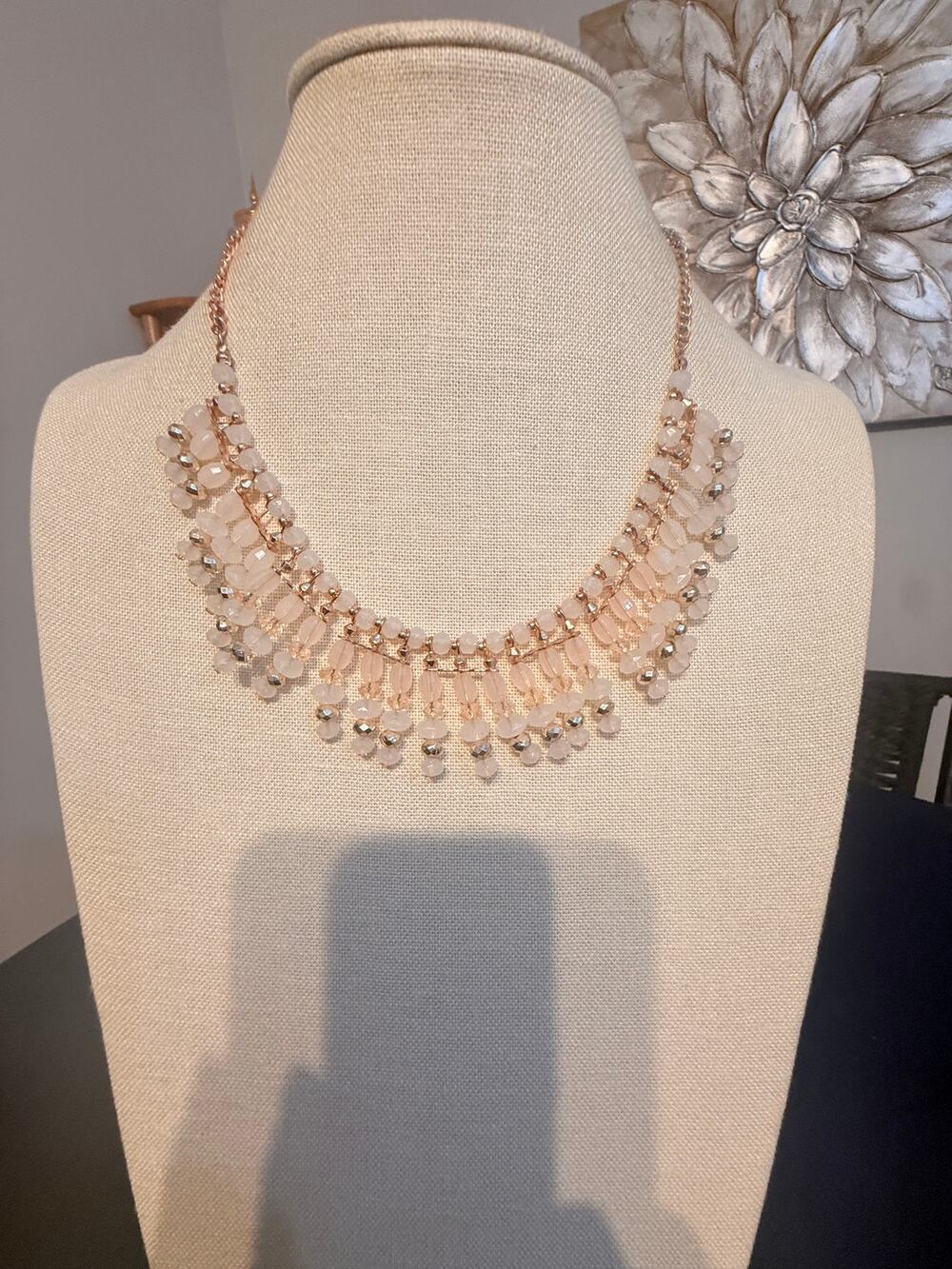 Vintage Blush Pink Beaded Bib Necklace 18”
